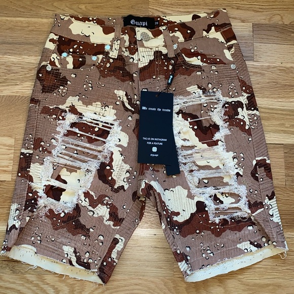 Guapi Shorts Mens 28 Brown Camo Distressed Ripped Summer Biker Urban Streetwear - Picture 1 of 9